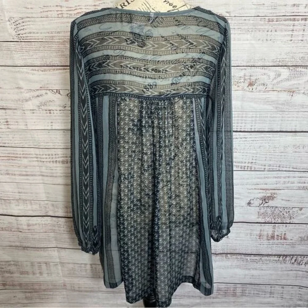 Free People Boho Beaded Embroidered Tunic Blouse Sheer Long Sleeve Print Pockets